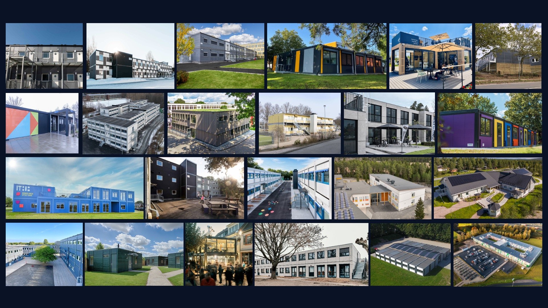 Collage of contemporary modular buildings with varied colours, layouts, and architectural styles across multiple use cases.